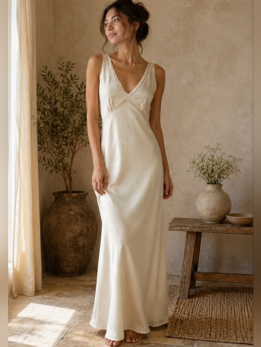 A New Day Slip Maxi Satin Dress Lace Trim Babydoll Cream Size Medium NWT
